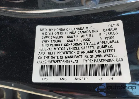 2015 Honda Civic Lx из США, поврежденный, VIN 2HGFB2F50FH537573